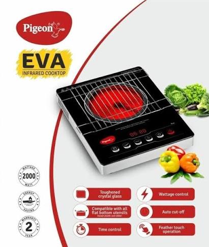 Pigeon Eva Infrared Cooktop 2000 Watts Black (with Free Stainless Steel Grill, Full touch Panel, Auto shut off and Overheat Protection)